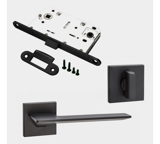 Изображение товара Комплект для межкомнатной двери PAULINIDOR ручки 543-03 slim, сантехническая защелка 96PL, завертка AL 03 slim, черный 543-03slim96PLAL03BL