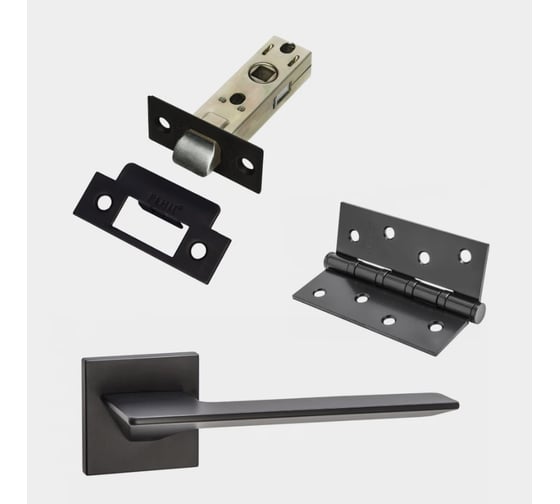 Изображение товара Комплект для межкомнатной двери PAULINIDOR ручки 543-03 slim, защелка 5-45 pl, врезные петли 2 шт, черный 543-03slim5-45pl4SBL