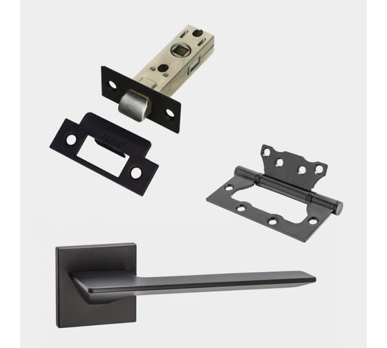 Изображение товара Комплект для межкомнатной двери PAULINIDOR ручки 543-03 slim, защелка 5-45 pl, петли б/врезки 2 шт, черный 543-03slim5-45pl2SBL