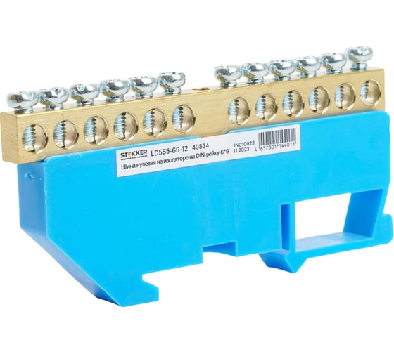 Изображение товара Шина STEKKER "n" на изоляторе 6x9 на din-рейку 12 выводов, синий, ld555-69-12, 49534