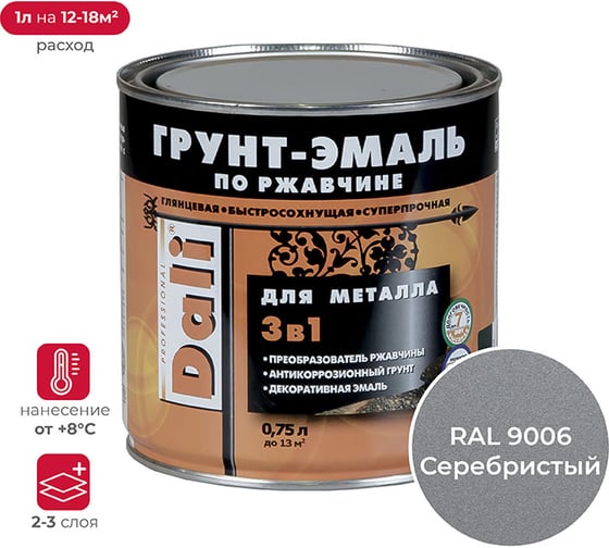 Изображение товара Грунт-эмаль по ржавчине Dali 3 в 1 серебристый алюминий RAL 9006 0.75 л 6 45890