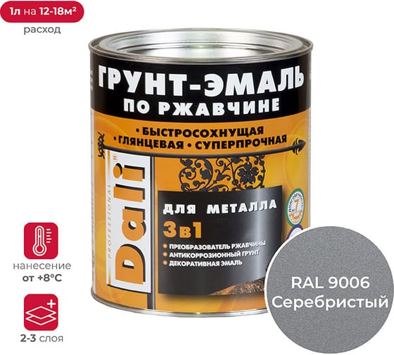 Изображение товара Грунт-эмаль по ржавчине Dali 3 в 1 серебристый алюминий RAL 9006 2 л 3 45891