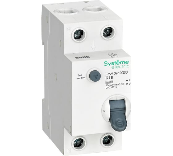 Изображение товара Автоматический выключатель дифференциального тока (АВДТ) Systeme Electric City9 Set, 1Р+N, хар-ка С, 16 А, 6 kА, 30 мА, тип-АС, 230 В C9D36616
