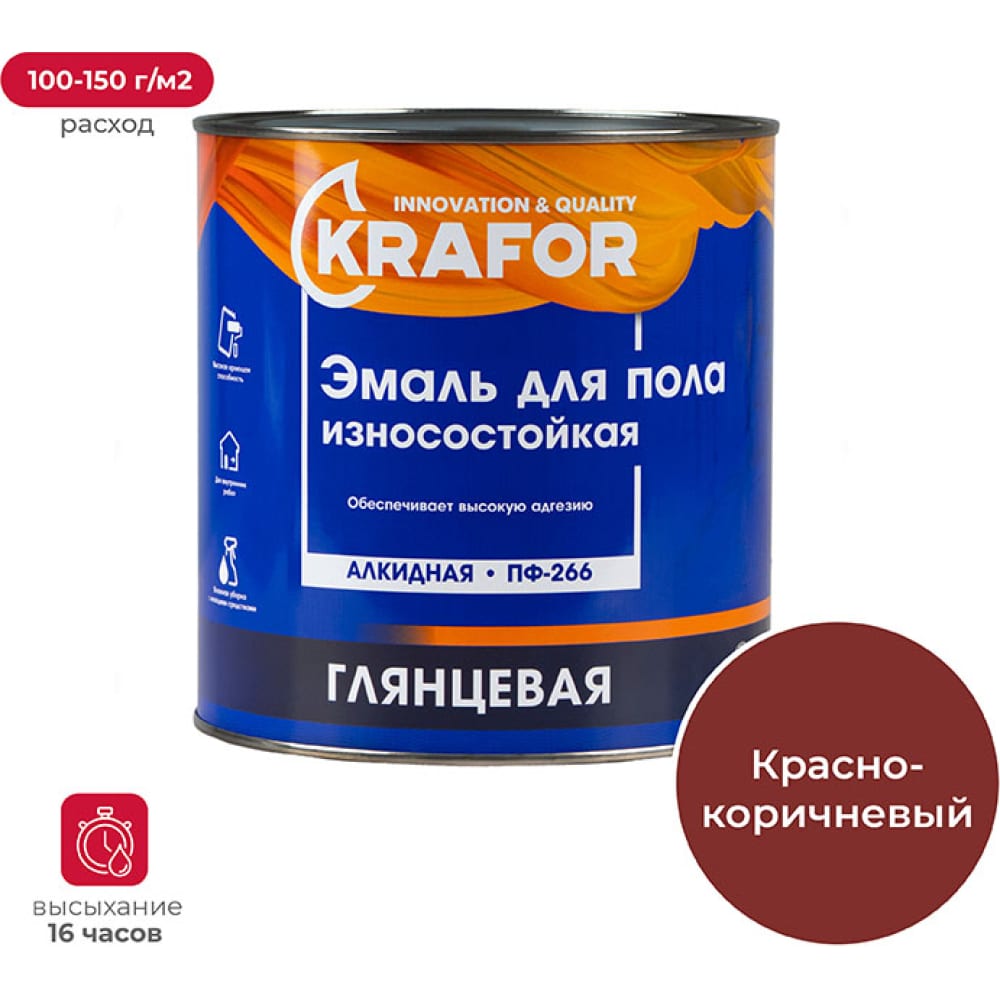 Алкидная эмаль KRAFOR эмаль рас пф 266 для пола алкидная красно коричневая 0 9 кг