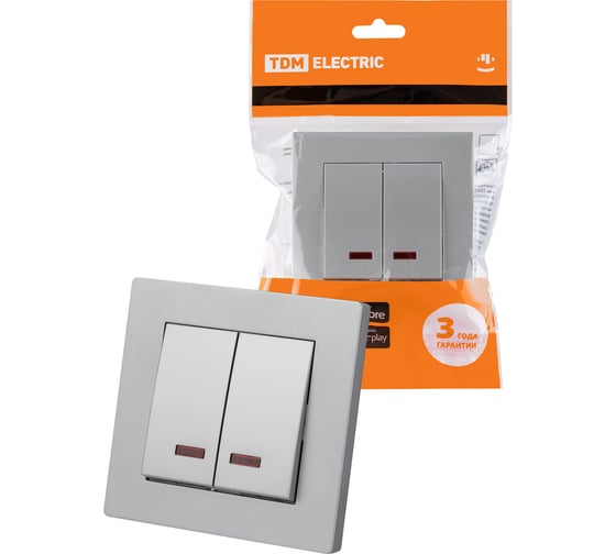 Изображение товара Выключатель 2-х клавишный TDM с подсветкой 10А серебр. металлик "сенеж" SQ1816-0214