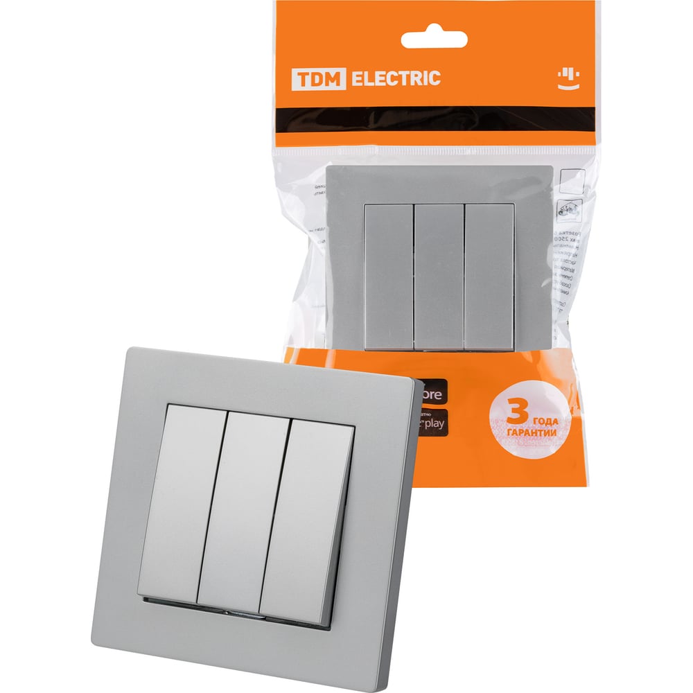 Изображение товара Выключатель 3-х клавишный TDM 10А серебр. металлик "сенеж" SQ1816-0212