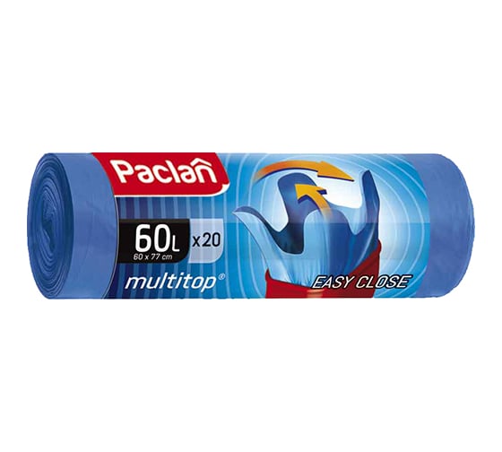 Изображение товара Мешки для мусора Paclan 60 л, с ушками, синие, в рулоне 20 шт., ПНД, 14 мкм, 60x77 см, "Multitop" 604062 5900942341733