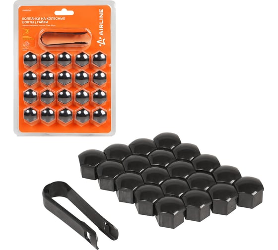 Изображение товара Колпачки на колесные болты/гайки Airline 17 мм, черные глянцевые, пластик, 20 шт, съёмник AWBN04