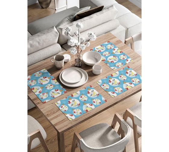 Изображение товара Набор прямоугольных тканевых салфеток на стол для сервировки JoyArty Синицы на ветке плейсмат, 30x46 см, 4 шт ser002_427893_30x46