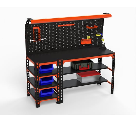 Изображение товара Металлический стол ООО Металекс серия SUN 750x1200x400 мм, с боковыми полками, перфопанелью и комплектом освещения, оранжево-чёрный 112091