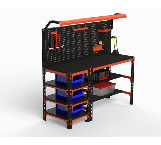 Изображение товара Металлический стол ООО Металекс серия SUN 750x1600x600 мм, с боковыми полками, перфопанелью и комплектом освещения, оранжево-чёрный 112099