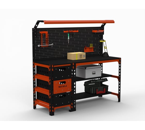 Изображение товара Металлический стол ООО Металекс серия SUN 750x1600x400 мм, с выдвижными ящиками, перфопанелью и комплектом освещения, оранжево-чёрный 112102