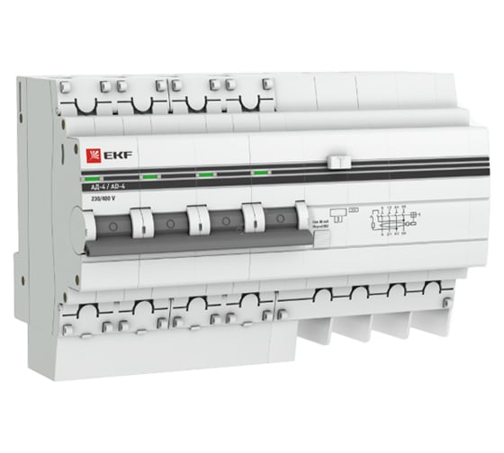 Изображение товара Дифференциальный автомат EKF PROxima АД-4, 50А/30мА, характеристика C, AC, защита 270В, 4,5кА, SQ DA4-50-30-pro
