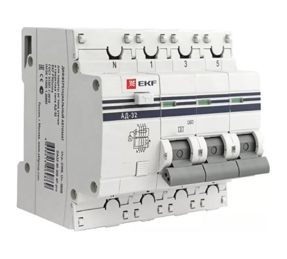 Изображение товара Дифференциальный автомат EKF PROxima АД-32, 3P+N, 40А/30мА, характеристика C, AC, электронный, защита 270В, 4,5кА DA32-40-30-4P-pro