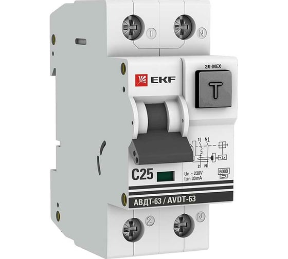 Изображение товара Дифференциальный автомат EKF АВДТ-63, 25А/30мА, характеристика C, эл-мех, тип А 6кА PROxima DA63-25-30