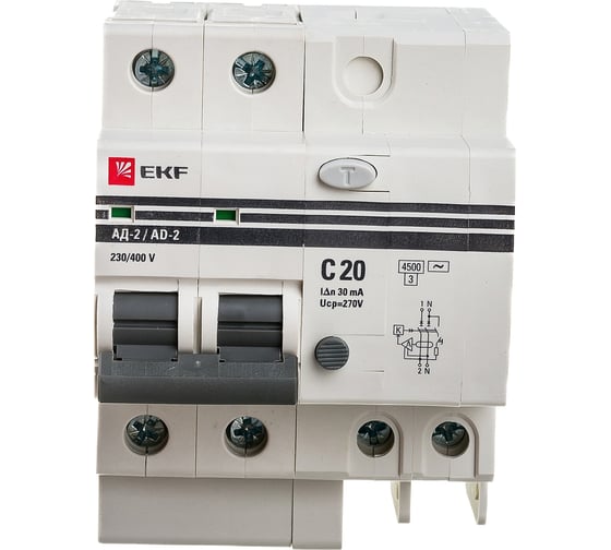 Изображение товара Дифференциальный автомат EKF PROxima АД-2, 20А/30мА, 4,5кА, SQ DA2-20-30-pro