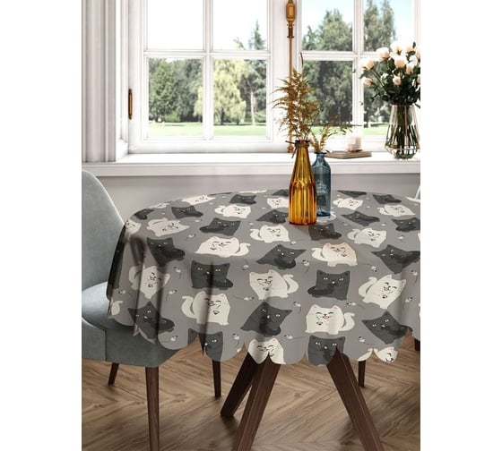 Изображение товара Скатерть круглая тканевая JOYARTY на стол с рисунком Игривый котик 150х150 см rtcf01_423745_150x150