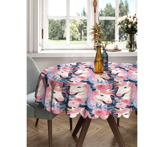 Изображение товара Скатерть круглая тканевая JOYARTY на стол с рисунком Единороги и цветы 150х150 см rtcf01_423860_150x150