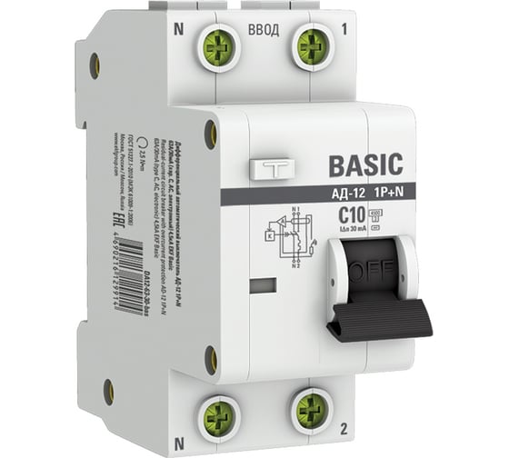 Изображение товара Автоматический выключатель дифференциального тока EKF 1P+N 10А 30мА тип АС х-ка C эл. 4,5кА АД-12 Basic DA12-10-30-bas