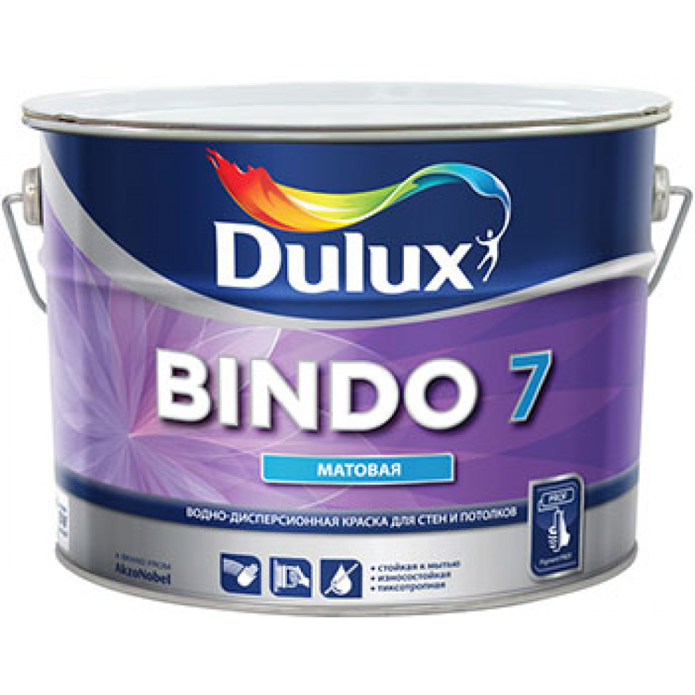 фото Краска для стен и потолков dulux bindo 7, износостойкая, матовая, белая, баз bw 4,5л 5309397