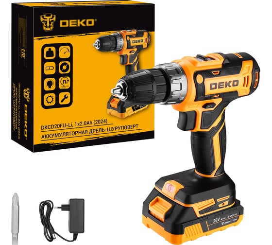 Изображение товара Аккумуляторная дрель-шуруповерт DEKO DKCD20FU-Li, 20 В, 1x2.0 Ач, зарядное устройство (2024) 063-4149