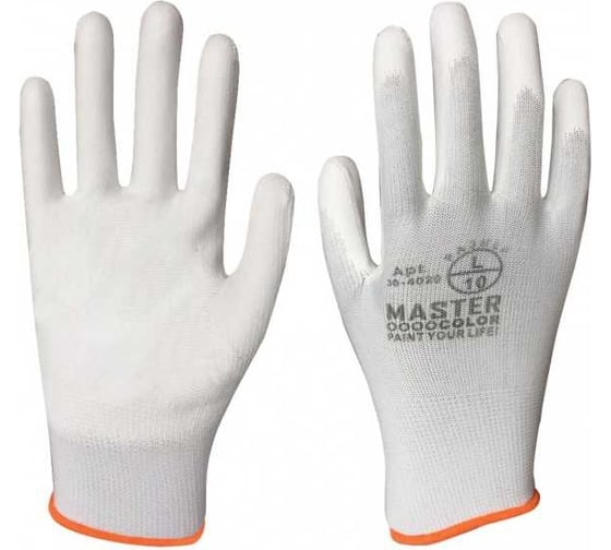 Изображение товара Перчатки MASTER COLOR белые, полиэстер с обливкой из полиуретана, водоотталкивающие, размер М/8 30-4021