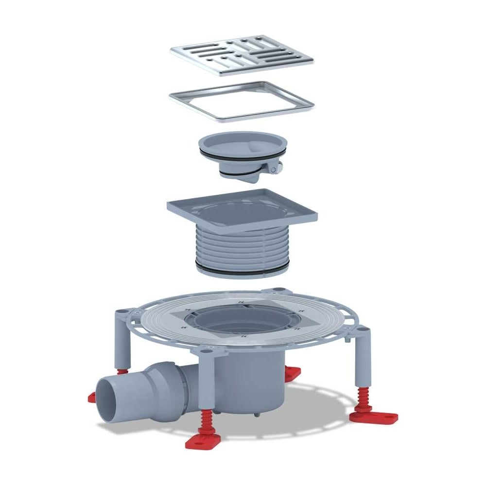 Изображение товара Трап АНИ Пласт сухой, горизонтальный выпуск 50 мм, регулирующий, решетка нержавейка 120х120 THQ5614M