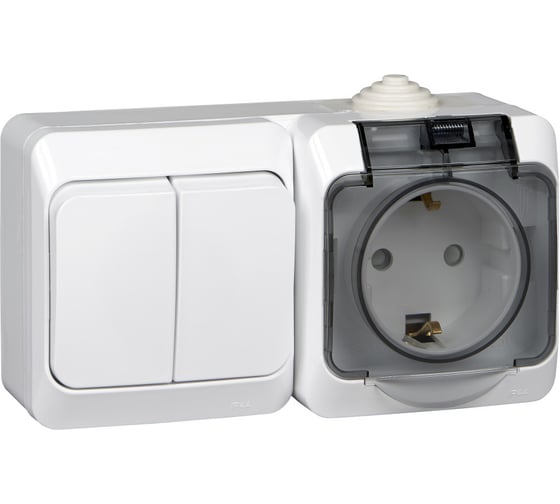 Изображение товара Блок Systeme Electric ОП Этюд IP44 белый, 2-клавишный выключатель+евророзетка з/ш SchE BPA16-242B