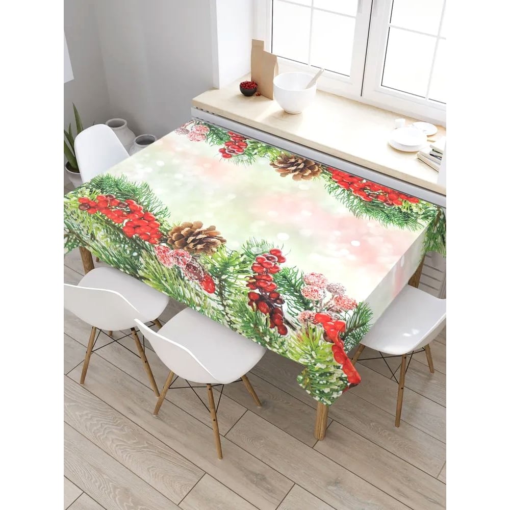 Изображение товара Прямоугольная новогодняя скатерть из сатена JoyArty елки 120x145 см