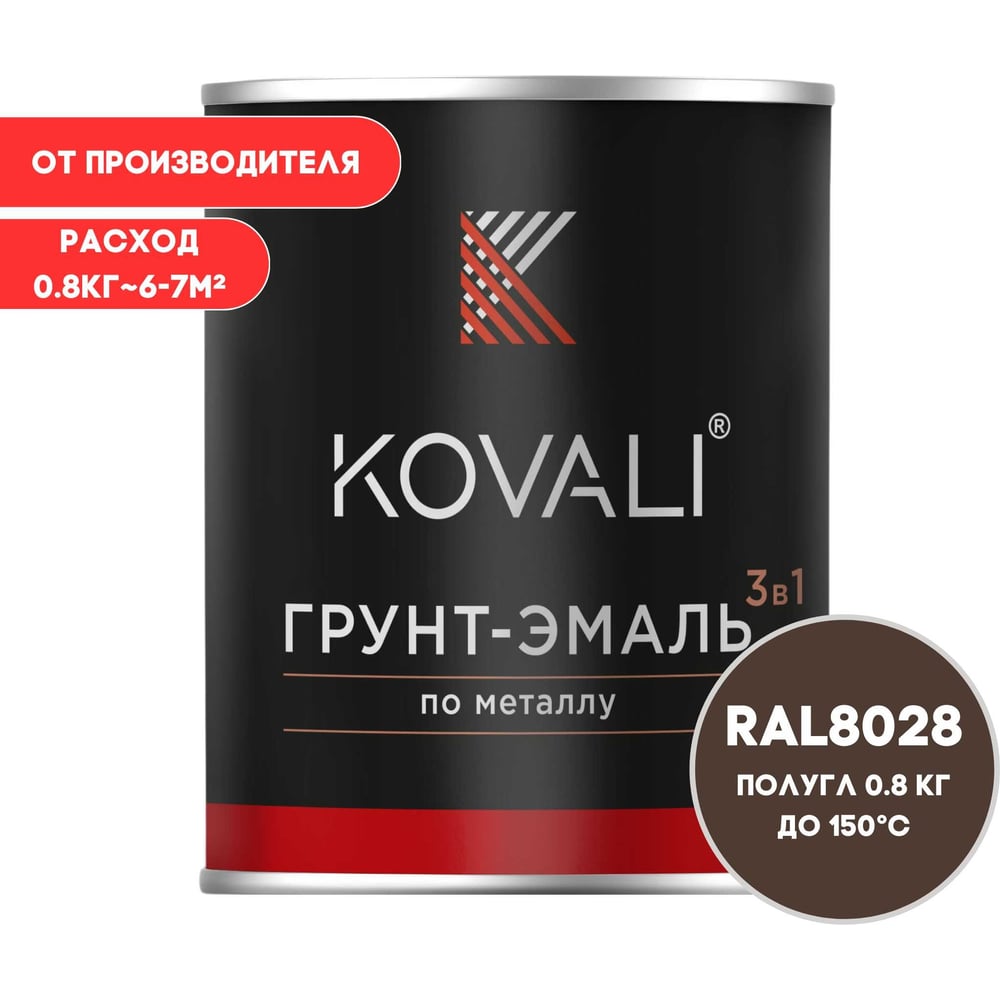 Грунт-эмаль 3 в 1 KOVALI полуглянец Земельно-коричневая RAL 8028 (0,8кг) kov3.2.4.C.8028.0.8pg