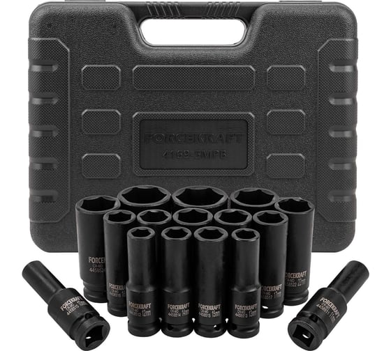 Изображение товара Набор головок ударных глубоких 16 предметов, 1/2"DR (10-19, 21, 22, 24, 27, 30, 32 мм), в кейсе Forcekraft FK-4169-5MPB(26464)