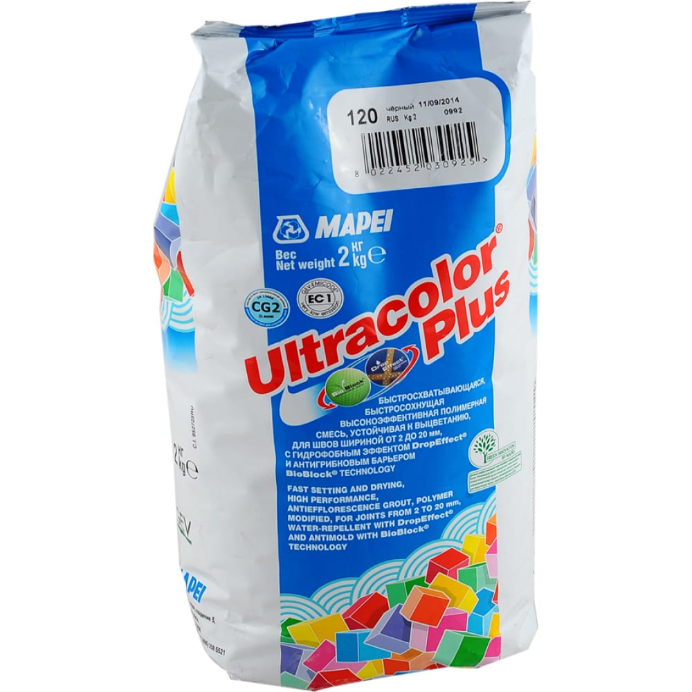 фото Затирка mapei ultracolor plus №120 для швов с водоотталкивающим и антигрибковым эффектом, черный 2кг 6652