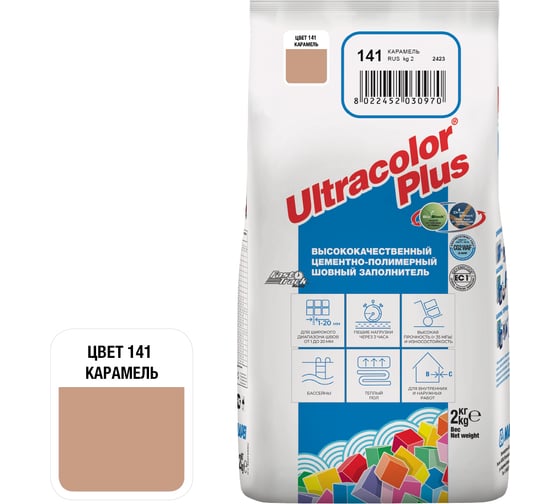 Изображение товара Затирка MAPEI ULTRACOLOR PLUS №141 для швов с водоотталкивающим и антигрибковым эффектом, карамель 2кг 6657 6014102A