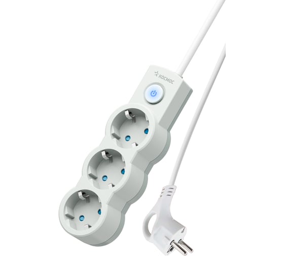 Изображение товара Удлинитель КОСМОС 1.5м, ПВС 3x0.7, 3 гнезда, заземление, выключатель 10А бело-серый YKsm1.5m-3g-Z-V10A-W