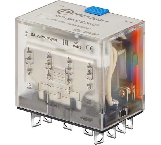 Изображение товара Миниатюрное силовое реле РЕЛЕОН 4 CO конт. 10А; 24В DC; блокируемая тест кнопка + светодиод; RP534902405
