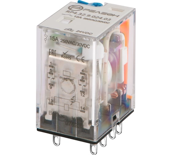 Изображение товара Промежуточное реле с магнитным гашением дуги РЕЛЕОН 2 переключающих контакта 15А; 24В DC RP432902403