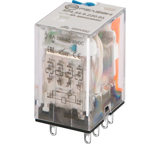 Изображение товара Промежуточное реле РЕЛЕОН с нормальным коэффициентом 0,65Un; 4 переключающих контакта 6А; 220В DC; тест кнопка, LED RP434922001