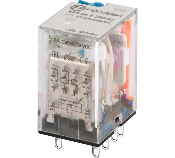 Изображение товара Промежуточное реле РЕЛЕОН с нормальным коэффициентом 0,65Un; 4 переключающих контакта 6А; 220В DC; диод RP434922002