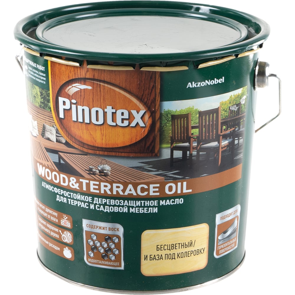 фото Деревозащитное масло pinotex wood & terrace oil для садовой мебели и терасс, бесцветный 2,7л 5220309