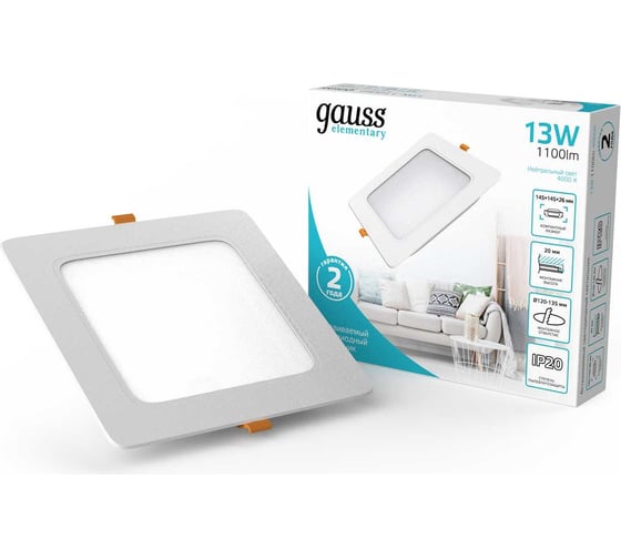 Изображение товара Светильник Gauss elementary downlight квадрат 13w 1100lm 4000k 170-260v ip20 145×26 монтаж белый led 998420212