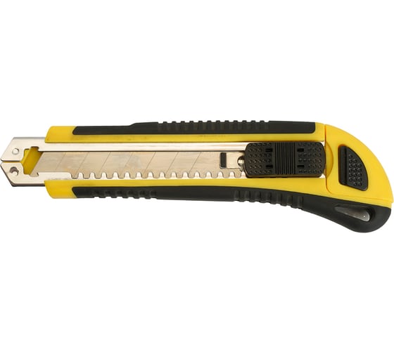 Изображение товара Строительно-монтажный нож STEKKER Kmu-1 с сегментированным лезвием, 5 дополнительных лезвий, 18 мм, желтый/черный 49619