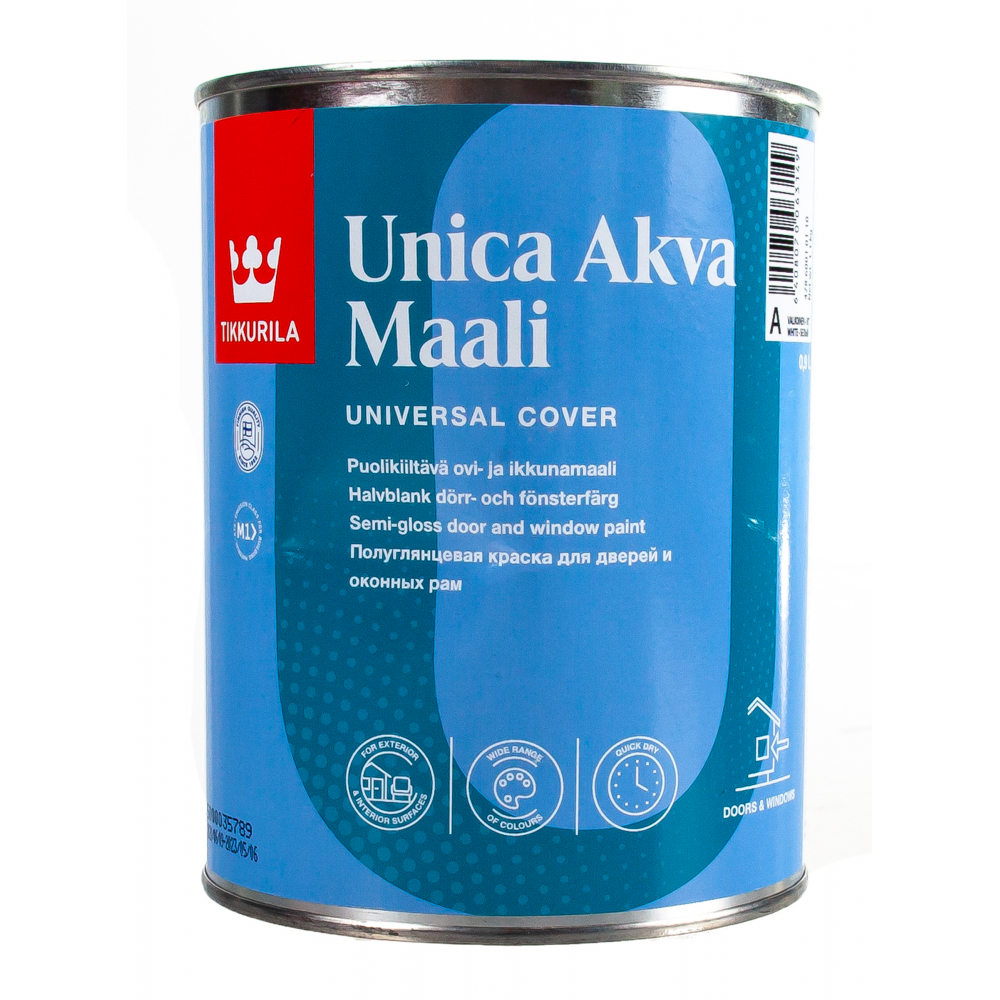 фото Краска tikkurila unica akva maali акрилатная для окон и дверей, полуглянцевая, база a 0,9л 47860010110