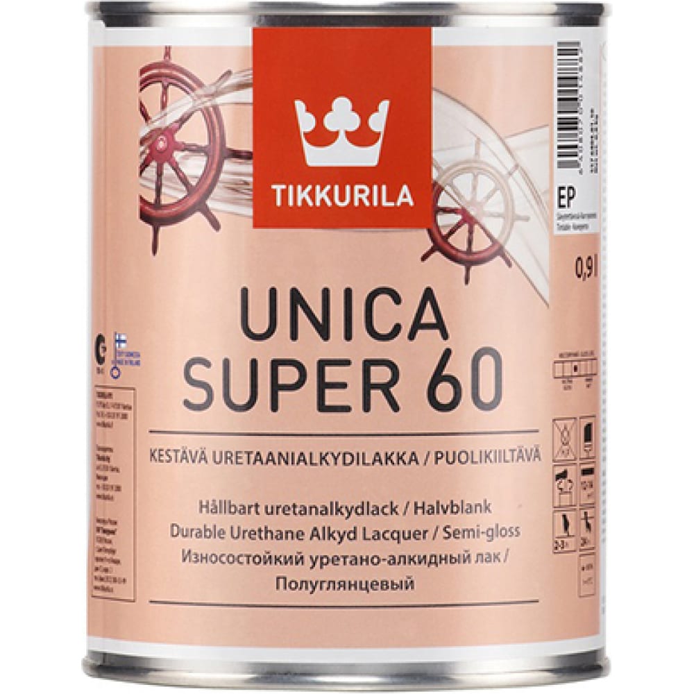 фото Лак tikkurila unica super 60 алкидно уретановый универсальный, износостойкий, полуглянцевый 0,9л 55764040110