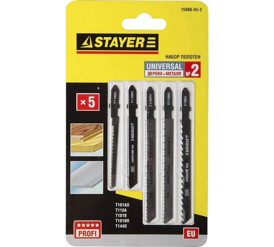 Изображение товара Набор полотен STAYER Универсал №2 по дереву и металлу для электролобзика EU T144D T101B T101BR T101AO T118A 5 шт. 15980-H5-2