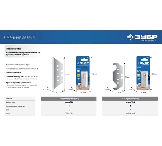Изображение товара Крюковидные лезвия, сталь У8А тип S24 3 шт. Зубр 09714-24-3