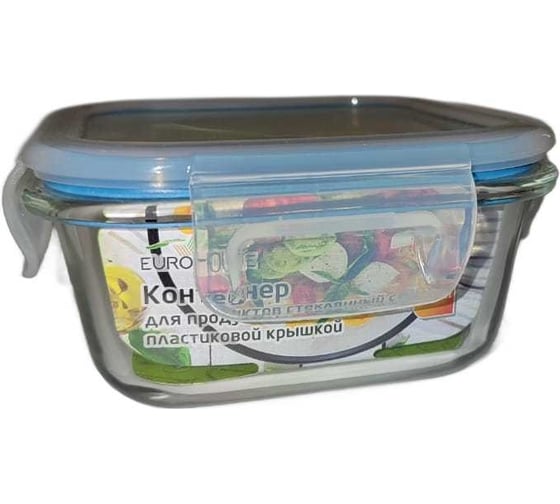 Изображение товара Контейнер для продуктов EUROHOUSE стеклянный с пластиковой крышкой 520 мл 14x14x7 см жаропрочное стекло 16035