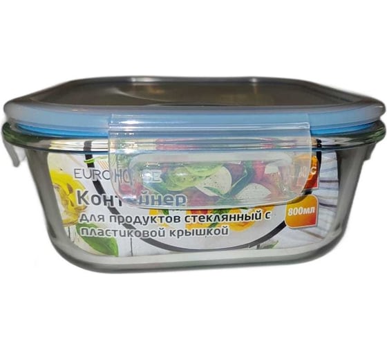 Изображение товара Контейнер для продуктов EUROHOUSE стеклянный с пластиковой крышкой 800 мл 16x16x7.5 см жаропрочное стекло 16034