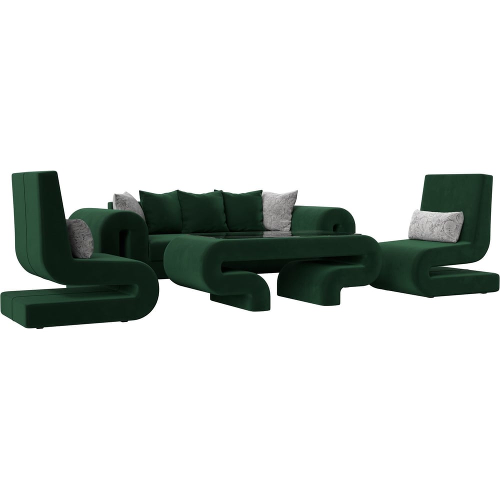 Изображение товара Модульный комплект мебели волна-2 Лига диванов, диван, стол, 2 кресла, велюр, зеленый