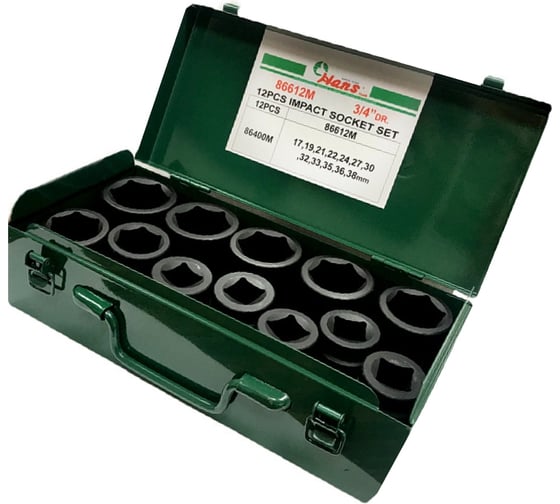 Изображение товара Комплект ударных головок и аксессуаров Hans 3/4" 17-38 мм 12 предметов 86612M