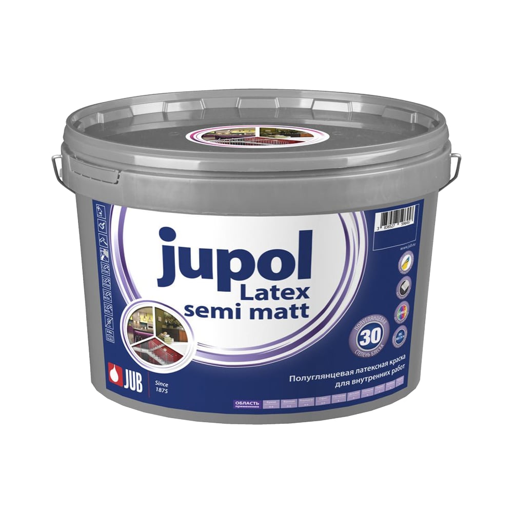 фото Полуматовая латексная краска jub jupol latex semi matt для внутренних работ база а 1001 5 л 1/2/72 52212